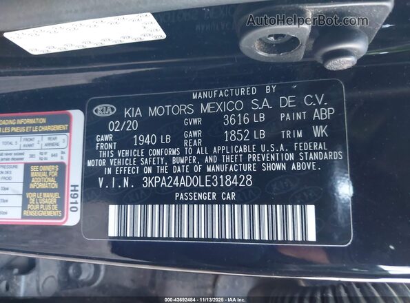 3KPA24AD0LE318428 2020 KIA RIO Black Շարժիչի բաժամունքի տեսք