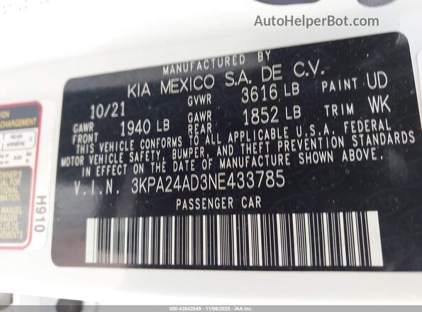 3KPA24AD3NE433785 2022 KIA RIO White Вид підкапотного простору