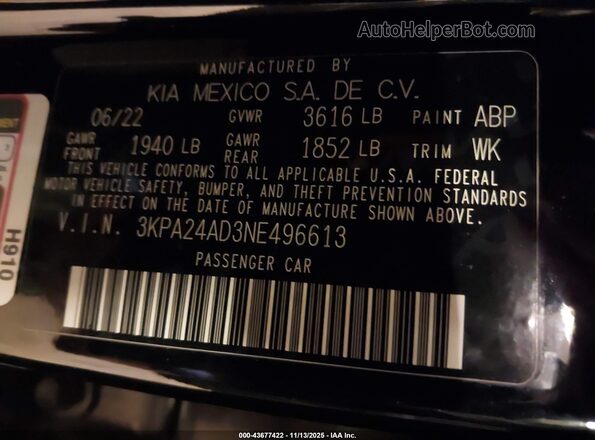 3KPA24AD3NE496613 2022 KIA RIO Black Вид підкапотного простору