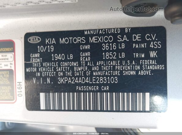 3KPA24AD4LE283103 2020 KIA RIO Silver Engine compartment view