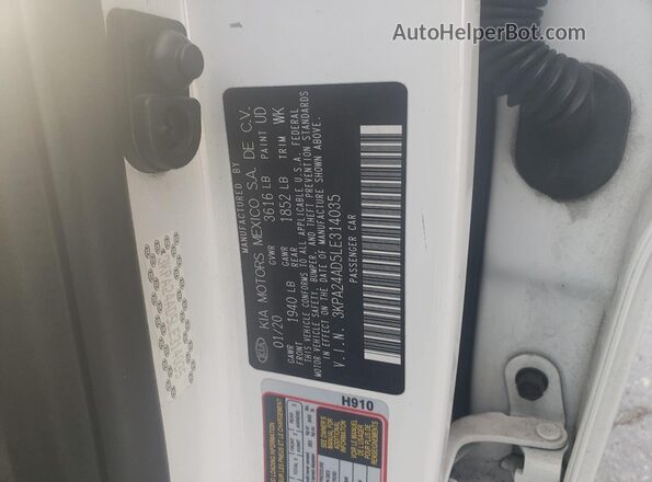 3KPA24AD5LE314035 2020 KIA RIO White VIN კოდის სტიკერის ხედი