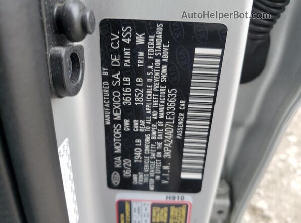 3KPA24AD7LE336635 2020 KIA RIO Silver Вид наклейки з VIN-кодом