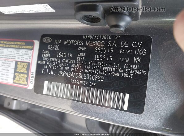 3KPA24AD8LE316880 2020 KIA RIO Gray Engine compartment view