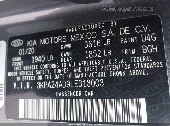 3KPA24AD9LE313003 2020 KIA RIO Gray Engine compartment view