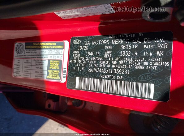 3KPA24ADXLE359231 2020 KIA RIO Red Widok komory silnika