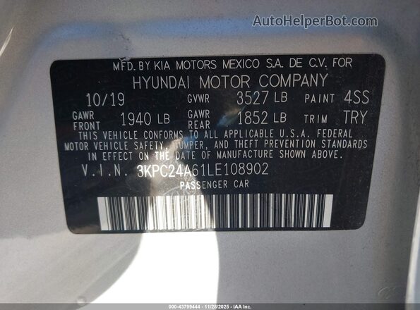3KPC24A61LE108902 2020 HYUNDAI ACCENT Silver Շարժիչի բաժամունքի տեսք