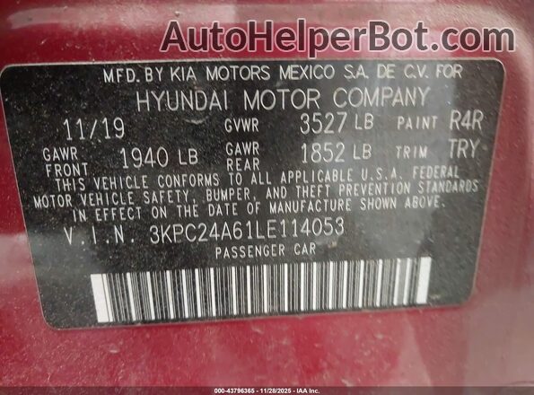 3KPC24A61LE114053 2020 HYUNDAI ACCENT Red Вид підкапотного простору