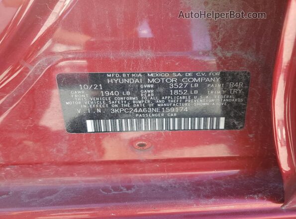 3KPC24A63NE159174 2022 HYUNDAI ACCENT Красный Вид подкапотного пространства