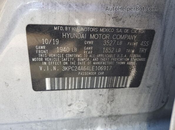 3KPC24A64LE106917 2020 HYUNDAI ACCENT Silver ძრავის განყოფილების ხედი
