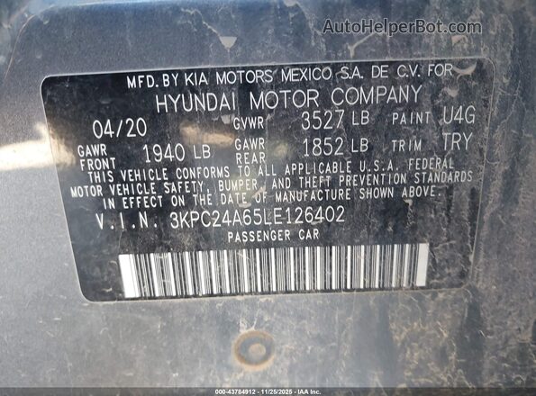 3KPC24A65LE126402 2020 HYUNDAI ACCENT Gray Widok komory silnika