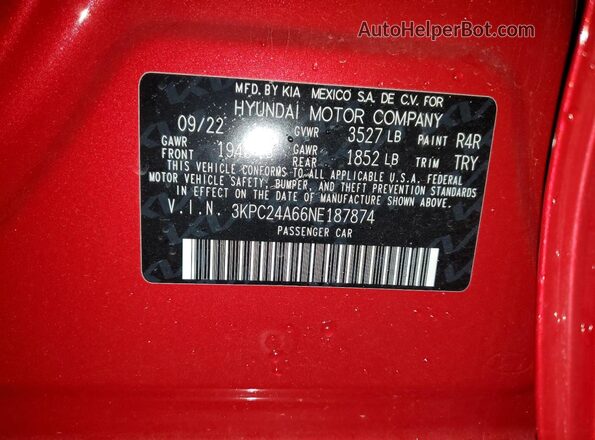 3KPC24A66NE187874 2022 HYUNDAI ACCENT Красный Вид наклейки с VIN-кодом