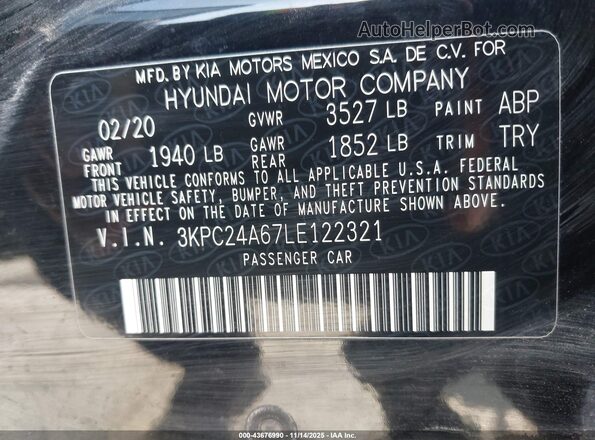 3KPC24A67LE122321 2020 HYUNDAI ACCENT Black Vista del compartimento del motor