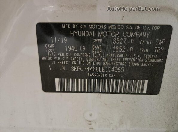 3KPC24A68LE114065 2020 HYUNDAI ACCENT White Vista del compartimento del motor