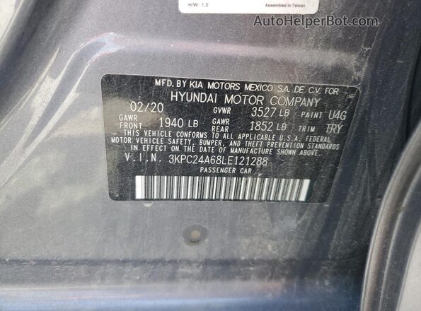 3KPC24A68LE121288 2020 HYUNDAI ACCENT Gray VIN კოდის სტიკერის ხედი