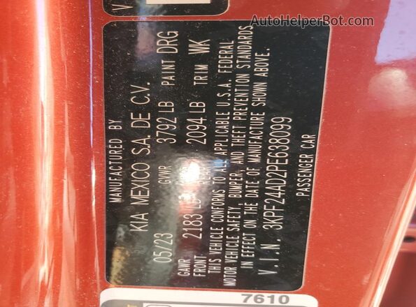 3KPF24AD2PE638099 2023 KIA FORTE Orange VIN կոդի պիտակի տեսք