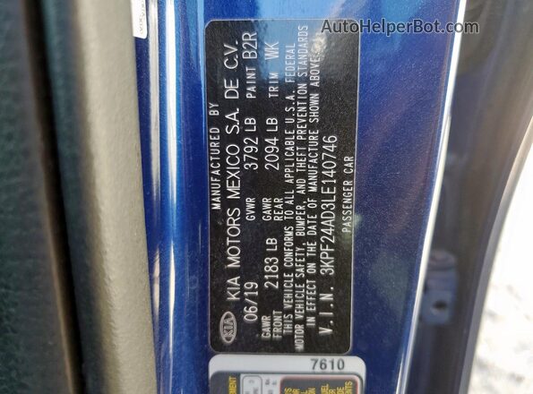 3KPF24AD3LE140746 2020 KIA FORTE Blue VIN კოდის სტიკერის ხედი