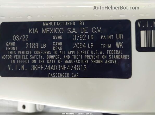 3KPF24AD3NE474813 2022 KIA FORTE White Vista del compartimento del motor