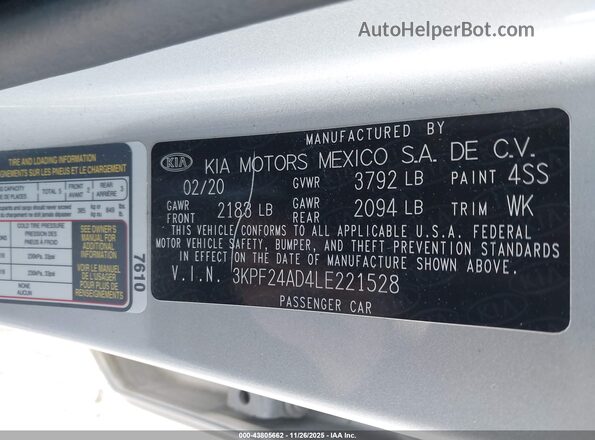 3KPF24AD4LE221528 2020 KIA FORTE Серебряный Вид подкапотного пространства