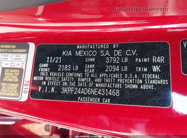 3KPF24AD6NE431468 2022 KIA FORTE Red Widok komory silnika