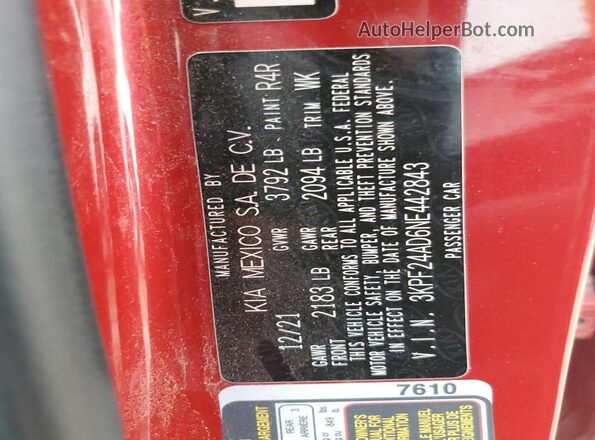 3KPF24AD6NE442843 2022 KIA FORTE Красный Вид наклейки с VIN-кодом