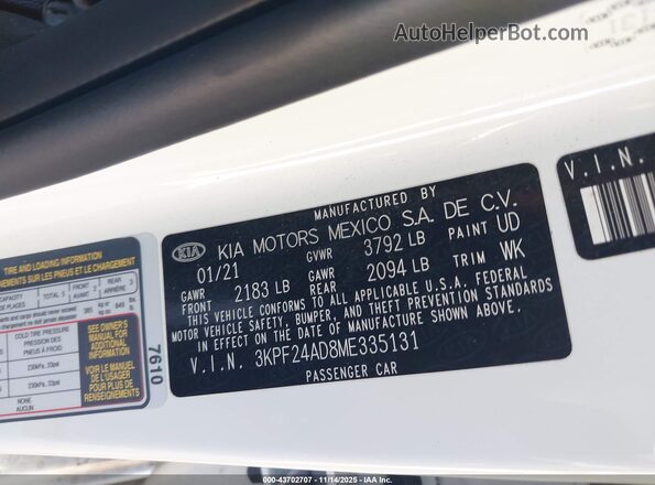 3KPF24AD8ME335131 2021 KIA FORTE White ძრავის განყოფილების ხედი