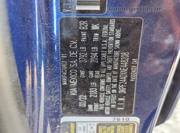 3KPF24ADXNE448208 2022 KIA FORTE Blue Widok naklejki z numerem VIN