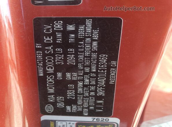 3KPF34AD1LE163469 2020 KIA FORTE Orange ძრავის განყოფილების ხედი