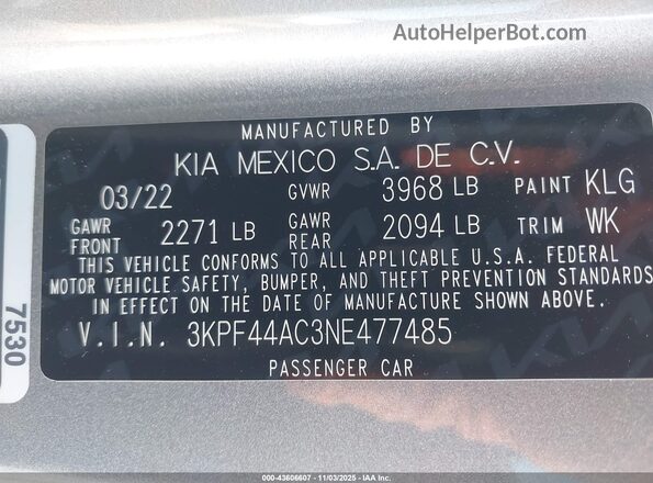 3KPF44AC3NE477485 2022 KIA FORTE Gray Engine compartment view