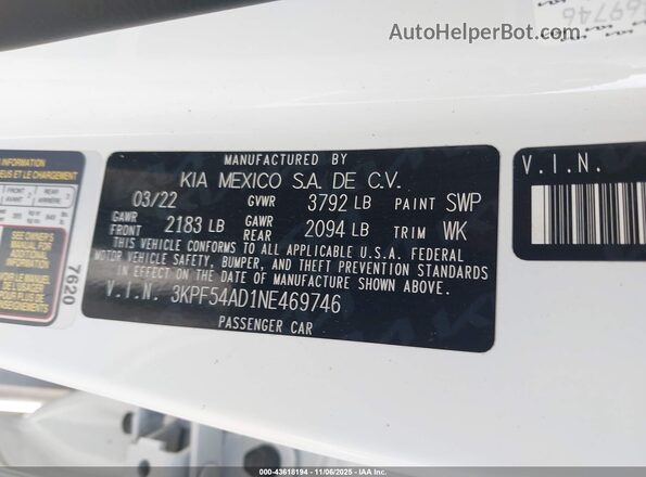3KPF54AD1NE469746 2022 KIA FORTE White Widok komory silnika