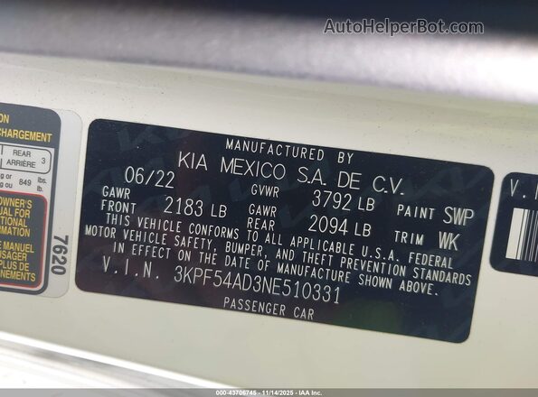 3KPF54AD3NE510331 2022 KIA FORTE White Engine compartment view