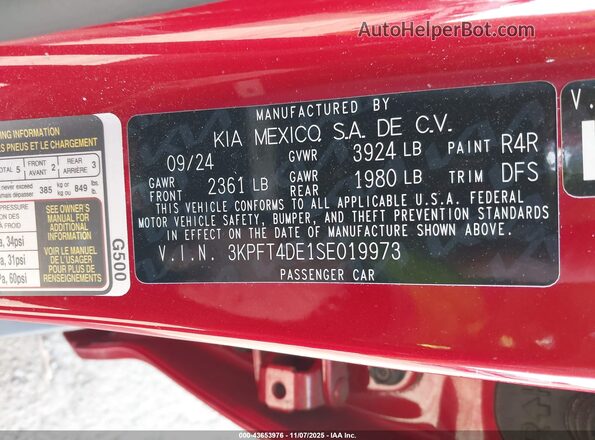 3KPFT4DE1SE019973 2025 KIA K4 Red Շարժիչի բաժամունքի տեսք