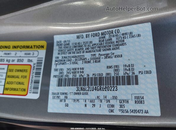 3LN6L2LU4GR620223 2016 LINCOLN MKZ HYBRID Gray Engine compartment view