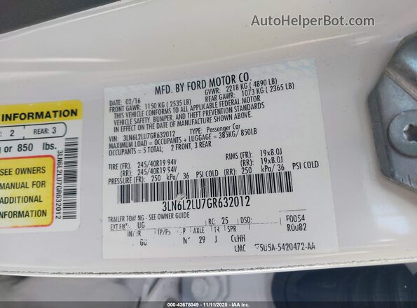 3LN6L2LU7GR632012 2016 LINCOLN MKZ HYBRID White ძრავის განყოფილების ხედი