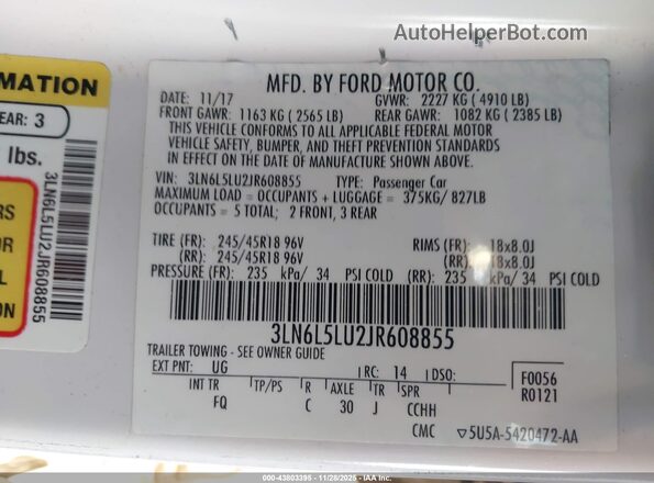 3LN6L5LU2JR608855 2018 LINCOLN MKZ HYBRID White Engine compartment view