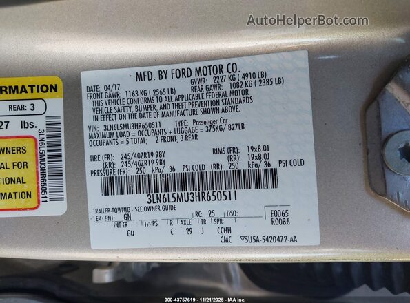 3LN6L5MU3HR650511 2017 LINCOLN MKZ HYBRID Gold Engine compartment view
