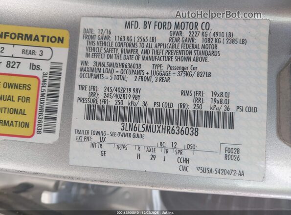3LN6L5MUXHR636038 2017 LINCOLN MKZ HYBRID Silver Շարժիչի բաժամունքի տեսք