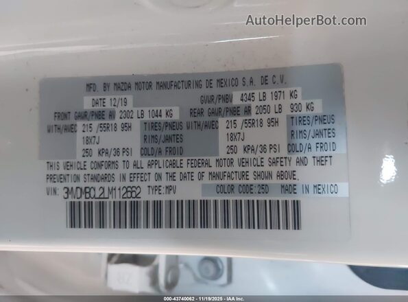 3MVDMBCL2LM112662 2020 MAZDA CX-30 White Widok komory silnika