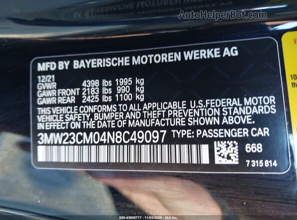 3MW23CM04N8C49097 2022 BMW 2 SERIES Black Widok komory silnika