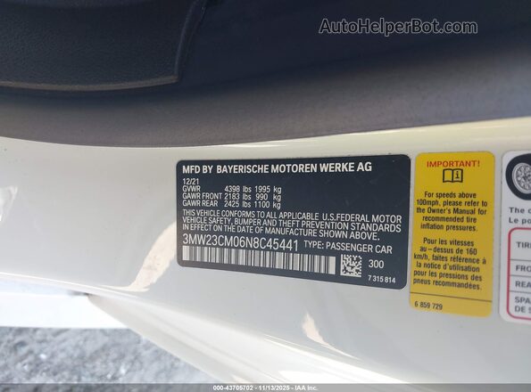 3MW23CM06N8C45441 2022 BMW 2 SERIES White Vista del compartimento del motor