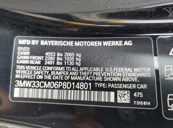 3MW33CM06P8D14801 2023 BMW 2 SERIES Black VIN კოდის სტიკერის ხედი