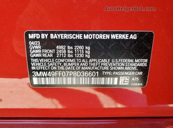 3MW49FF07P8D36601 2023 BMW M3 Red სალონის 360-გრადუსიანი ხედი