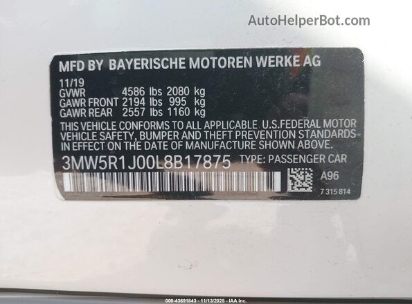 3MW5R1J00L8B17875 2020 BMW 3 SERIES White Вид підкапотного простору