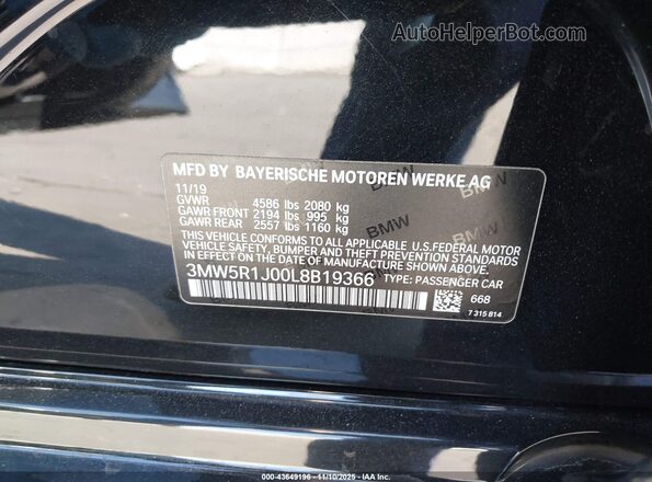 3MW5R1J00L8B19366 2020 BMW 3 SERIES Black Vista del compartimento del motor