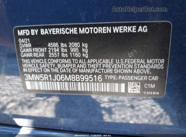 3MW5R1J06M8B99516 2021 BMW 3 SERIES Blue Вид підкапотного простору