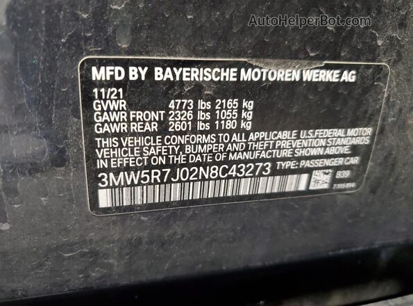 3MW5R7J02N8C43273 2022 BMW 3 SERIES Черный Вид наклейки с VIN-кодом