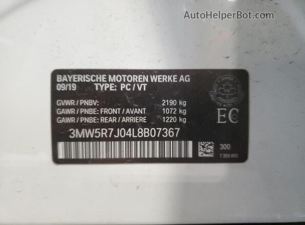 3MW5R7J04L8B07367 2020 BMW 3 SERIES White VIN կոդի պիտակի տեսք
