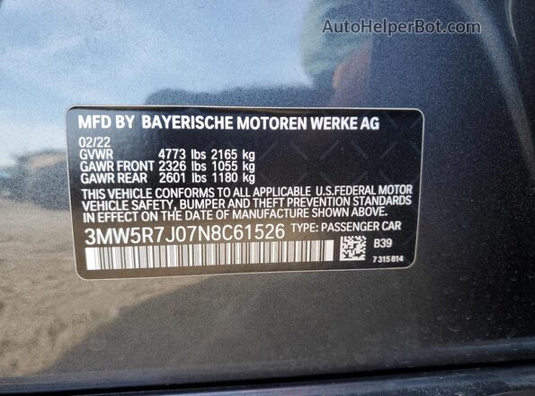 3MW5R7J07N8C61526 2022 BMW 3 SERIES Gray Vista del compartimento del motor
