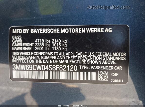 3MW69CW04S8F82120 2025 BMW 3 SERIES Blue Вид підкапотного простору