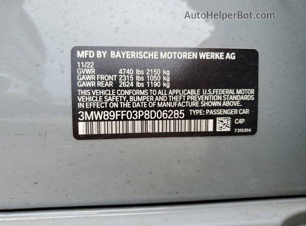 3MW89FF03P8D06285 2023 BMW 3 SERIES Gray VIN კოდის სტიკერის ხედი