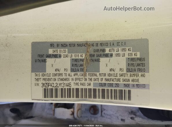 3MZBPACL2LM131445 2020 MAZDA 3 White Вид підкапотного простору